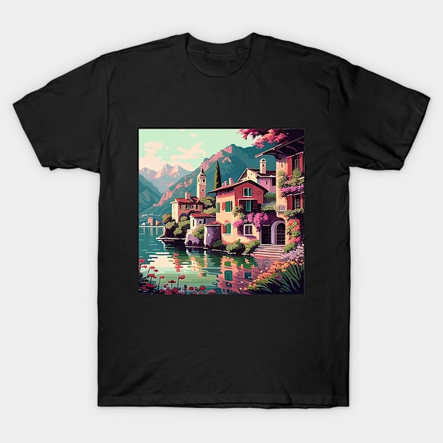 Colorful Lakeside Flower Villa T-Shirt by The Art Mage